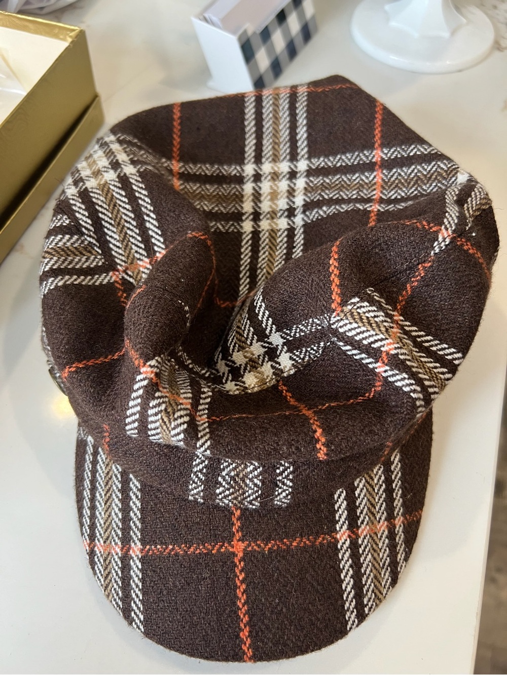 Vintage Brown Plaid news boy Cap with White and Orange Accents